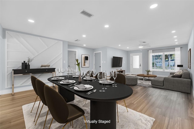 1842 Oklahoma Ave NE, Saint Petersburg, FL 33703 - dining area featuring recessed lighting, visible vents, light wood-style floors, and ceiling fan