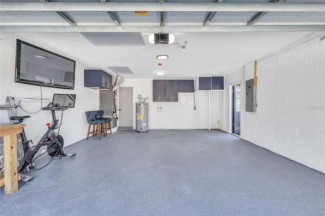 1842 Oklahoma Ave NE, Saint Petersburg, FL 33703 - garage featuring electric water heater, electric panel, concrete block wall, and a garage door opener