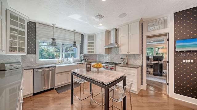 kitchen featuring wall chimney range hood, light wood-style floors, stainless steel appliances, and a wealth of natural light