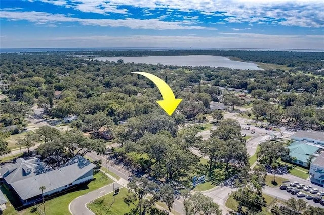 birds eye view of property with a water view and a wooded view