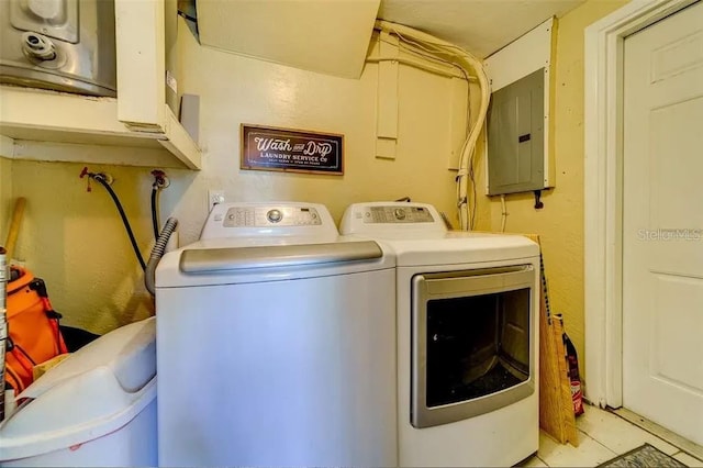 laundry room featuring electric panel, laundry area, and washer and dryer