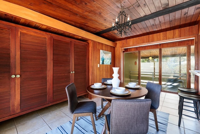 tiled dining room featuring wooden ceiling, a notable chandelier, and wood walls