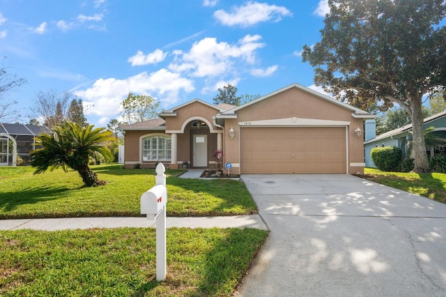 view of front of house with a garage, driveway, a front lawn, and stucco siding