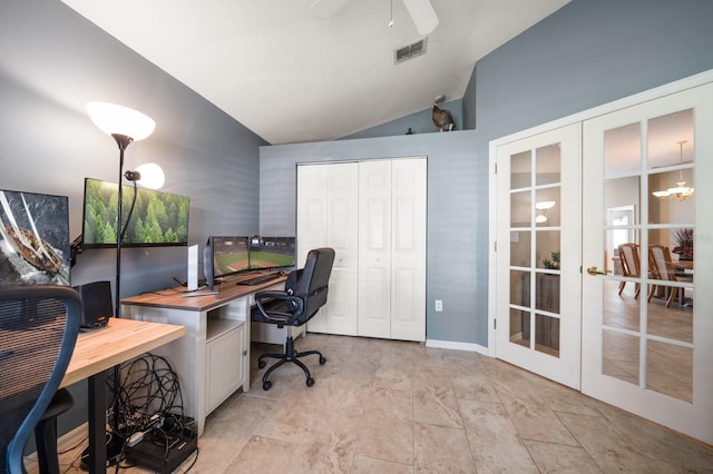 office with ceiling fan, visible vents, vaulted ceiling, and french doors