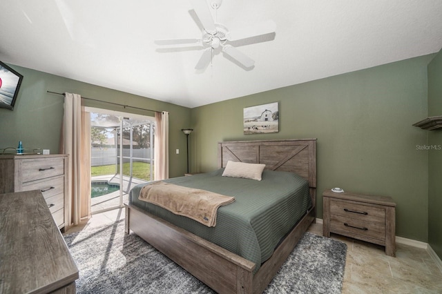 bedroom with access to exterior, baseboards, and a ceiling fan