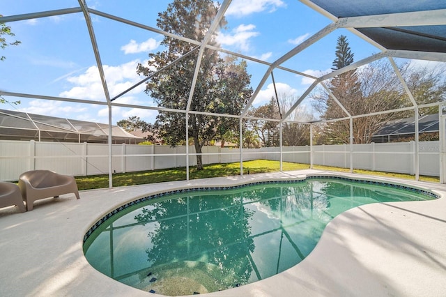 view of pool featuring a lanai, a patio area, a fenced backyard, and a fenced in pool