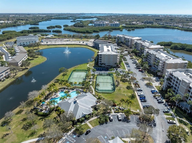 aerial view featuring a water view