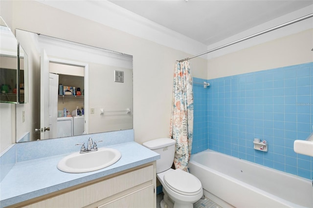 full bathroom featuring visible vents, toilet, vanity, and shower / tub combo