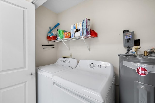 laundry room with washer and clothes dryer, laundry area, and electric water heater