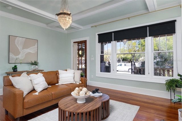 living room with plenty of natural light, coffered ceiling, baseboards, and wood finished floors