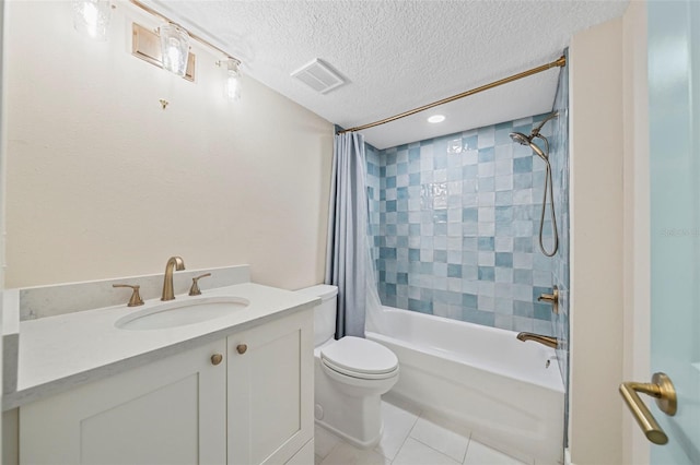 bathroom with visible vents, shower / bath combo with shower curtain, a textured ceiling, tile patterned floors, and toilet