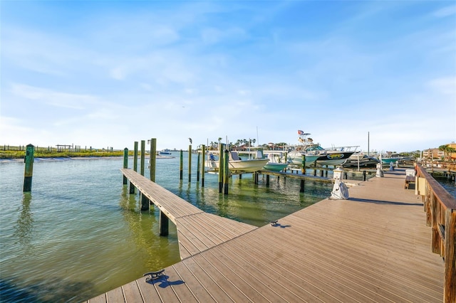 dock area featuring boat lift and a water view