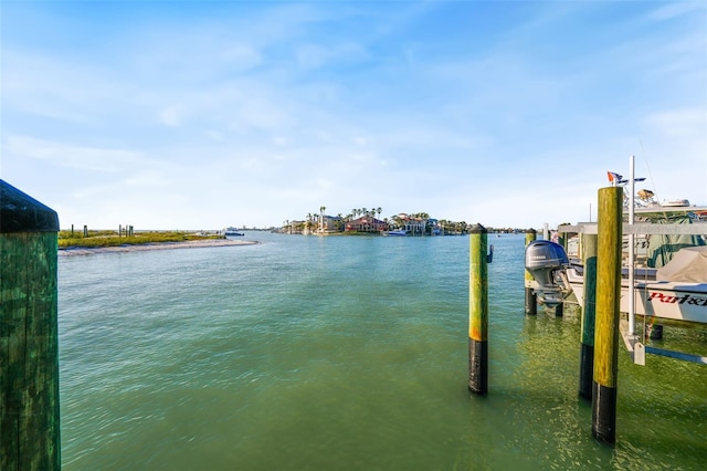 view of water feature featuring boat lift and a dock