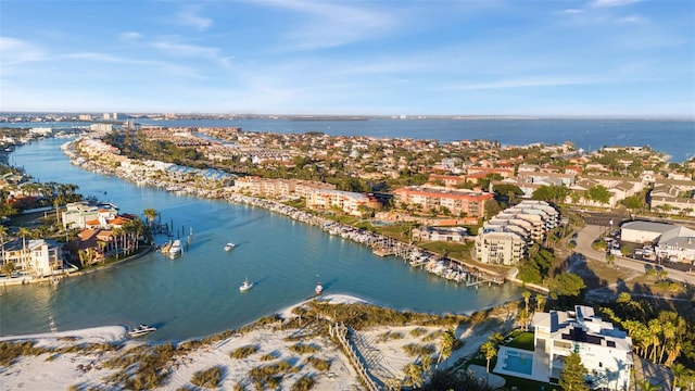 bird's eye view with a water view