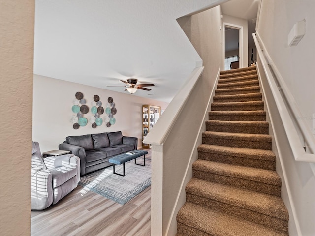 staircase featuring ceiling fan and wood finished floors