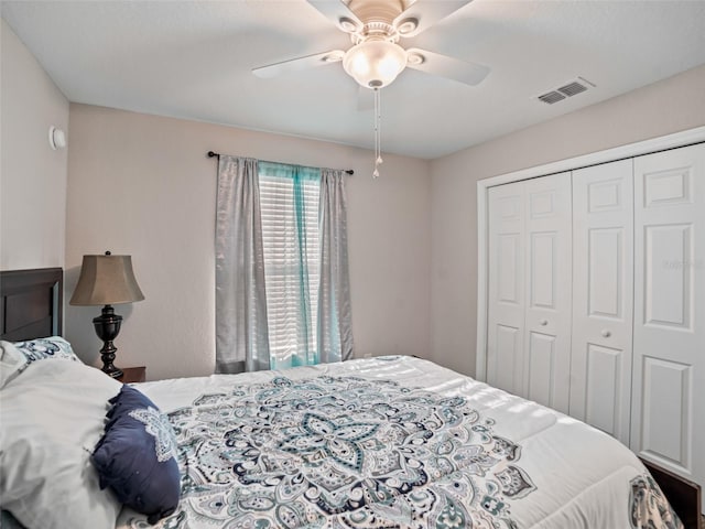 bedroom featuring a closet, visible vents, and ceiling fan