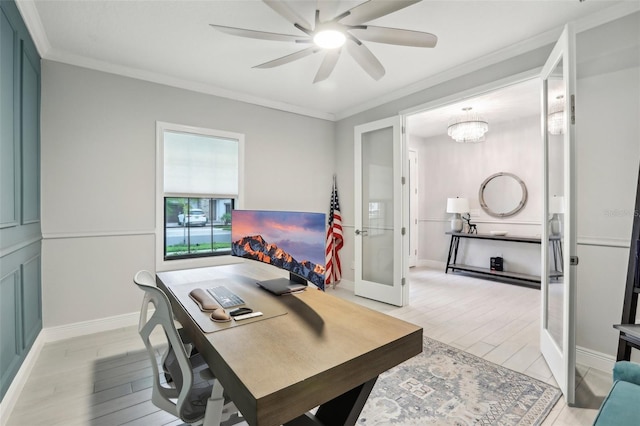 13176 Twin Bridges Dr, Riverview, FL 33579 - office with french doors, crown molding, light wood-style flooring, baseboards, and ceiling fan