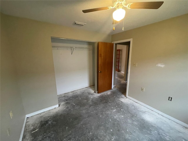 unfurnished bedroom featuring a closet, visible vents, baseboards, and unfinished concrete floors