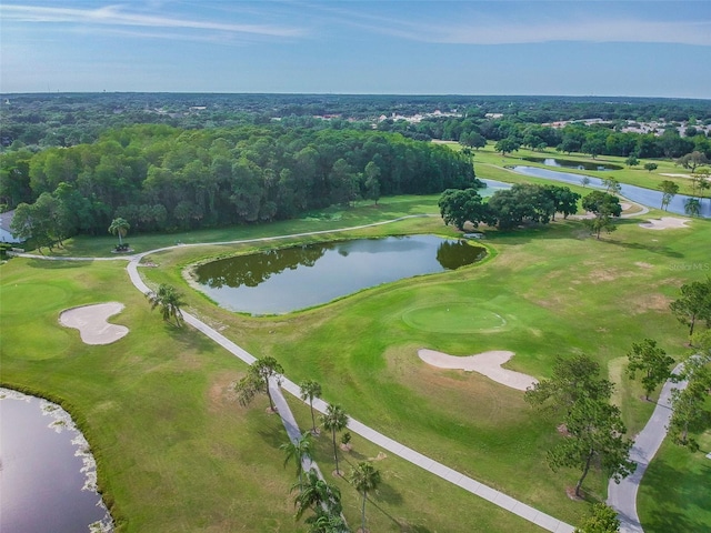 aerial view featuring view of golf course and a water view