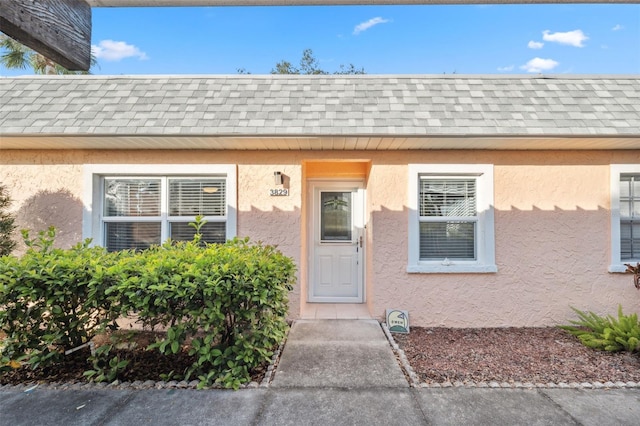 entrance to property with a shingled roof, mansard roof, and stucco siding