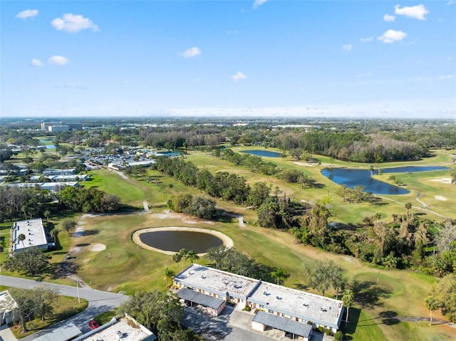 bird's eye view featuring a water view and golf course view