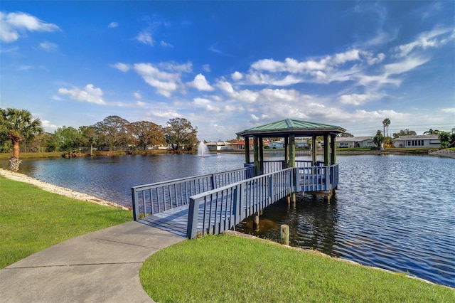 dock area featuring a water view and a gazebo