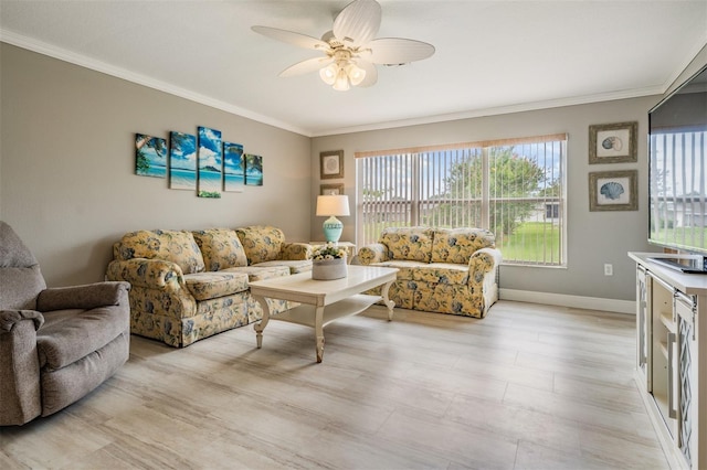 29312 Marker Loop, San Antonio, FL 33576 - living room with ornamental molding, ceiling fan, and baseboards