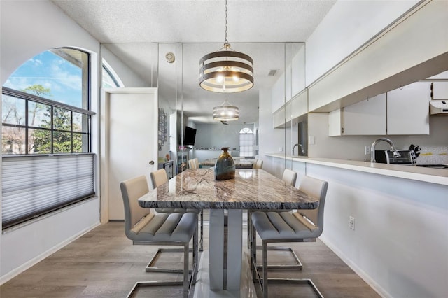 dining room featuring visible vents, a textured ceiling, baseboards, and wood finished floors