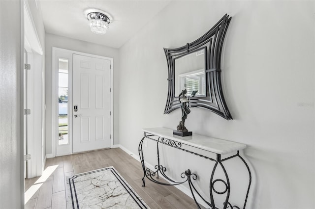 foyer entrance with light wood finished floors and baseboards