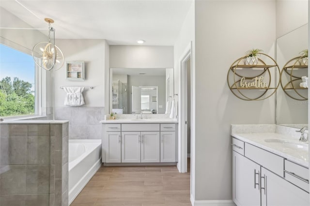 bathroom with two vanities, a bath, wood finished floors, and a sink