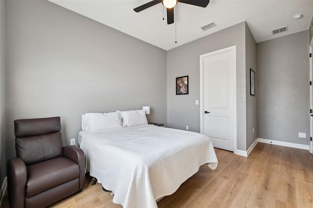 bedroom with light wood-type flooring, baseboards, visible vents, and ceiling fan