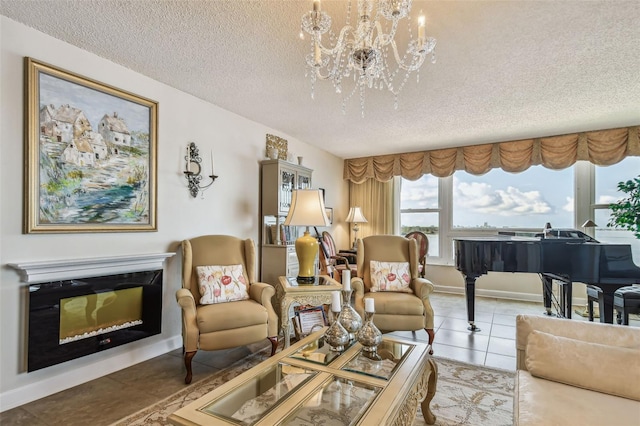 634 Edgewater Dr Unit 744, Dunedin, FL 34698 - living area with a textured ceiling, a chandelier, and tile patterned floors