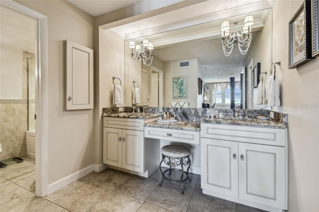634 Edgewater Dr Unit 744, Dunedin, FL 34698 - full bath featuring a chandelier, double vanity, tile patterned floors, tiled shower, and ornamental molding