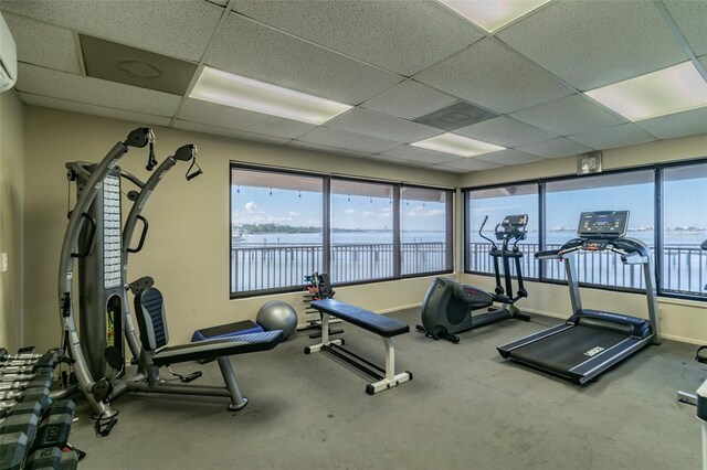 634 Edgewater Dr Unit 744, Dunedin, FL 34698 - workout area featuring a drop ceiling, carpet flooring, and a water view