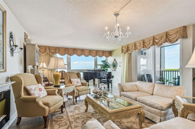 634 Edgewater Dr Unit 744, Dunedin, FL 34698 - tiled living area with a textured ceiling, a chandelier, and healthy amount of natural light