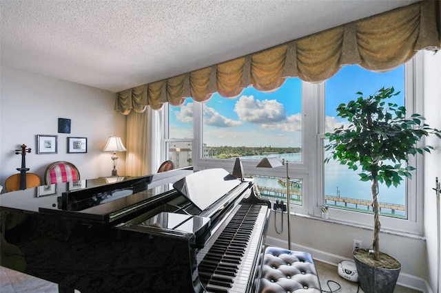 634 Edgewater Dr Unit 744, Dunedin, FL 34698 - living area with a textured ceiling, plenty of natural light, and a water view
