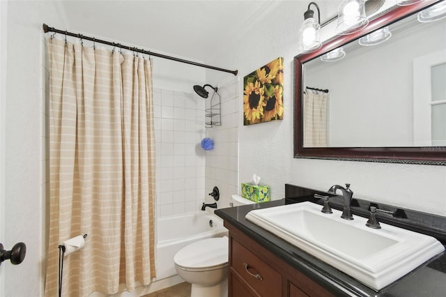 full bathroom with ornamental molding, shower / bath combo, vanity, and toilet