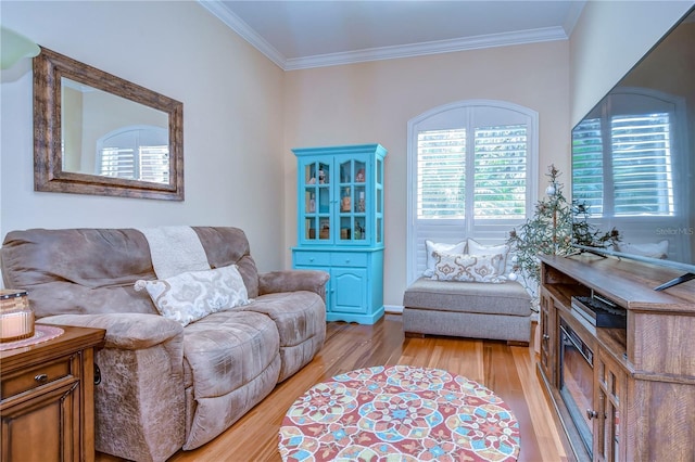 living room featuring ornamental molding and light wood finished floors