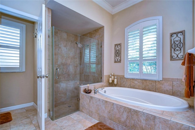 bathroom with a garden tub, crown molding, a stall shower, tile patterned flooring, and baseboards