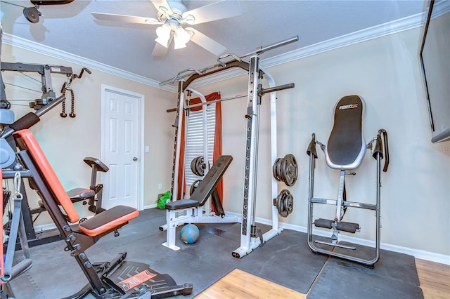 workout area with baseboards, ceiling fan, and crown molding