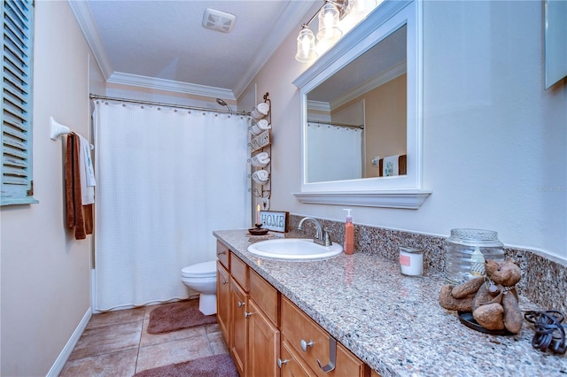 bathroom featuring toilet, a shower with shower curtain, crown molding, and vanity