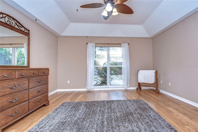 living area featuring a tray ceiling, light wood-type flooring, and a healthy amount of sunlight