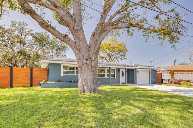 view of front facade featuring fence, stucco siding, concrete driveway, a front lawn, and a garage