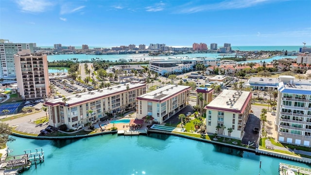 aerial view with a city view and a water view