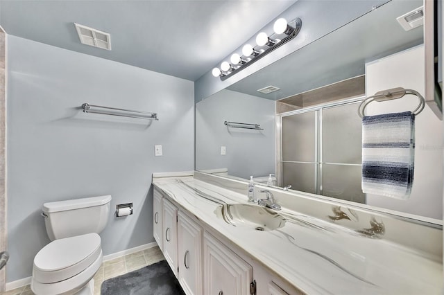 bathroom with visible vents, a stall shower, and toilet