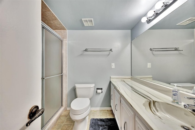 bathroom featuring tile patterned flooring, visible vents, a shower stall, toilet, and vanity