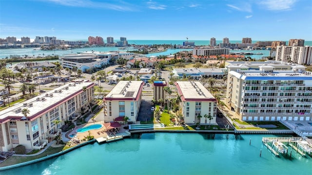 drone / aerial view with a view of city and a water view