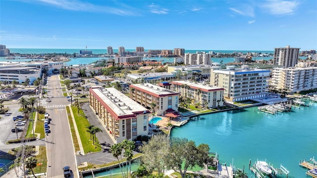 aerial view with a view of city and a water view