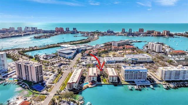 bird's eye view with a city view and a water view