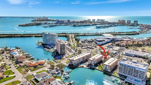 aerial view with a water view and a city view